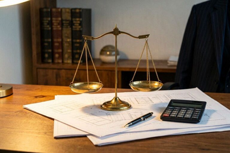 Balança da justiça sobre plantas arquitetônicas ao lado de calculadora
